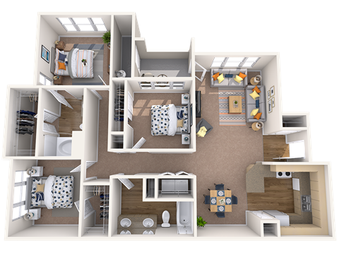 Floor plan for 3 beds, 2 baths, 1235 sqft